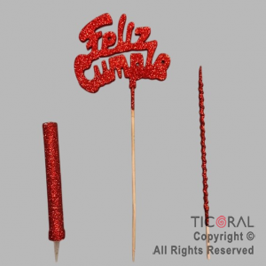 ADORNO DE TORTA SET FELIZ CUMPLE CON BENGALA Y VELA GIBRE ROJO x 1